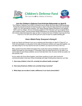 Join the Children's Defense Fund Activists Nationwide on April 9! Host