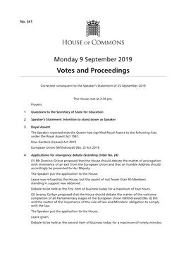 Votes and Proceedings for 9 Sep 2019