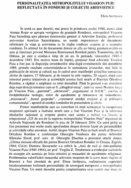 Personalitatea Mitropolitului Visarion Puiu Reflectată În Fonduri Şi Colecţii Arhivistice