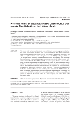 Molecular Studies on the Genus Muticaria Lindholm, 1925 (Pul- Monata Clausiliidae) from the Maltese Islands