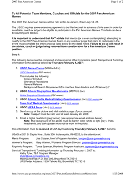 To All Potential Team Members, Coaches and Officials for the 2007 Pan American Games Page 1 of 2 2007 Pan American Games 1/23/20