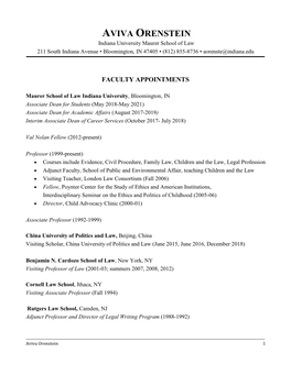AVIVA ORENSTEIN Indiana University Maurer School of Law 211 South Indiana Avenue • Bloomington, in 47405 • (812) 855-8736 • Aorenste@Indiana.Edu