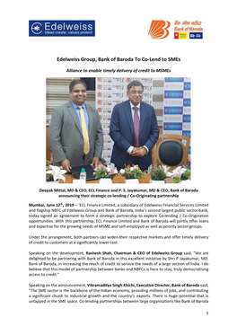 Edelweiss Group, Bank of Baroda to Co-Lend to Smes