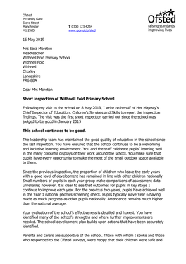 16 May 2019 Mrs Sara Moreton Headteacher Withnell Fold Primary