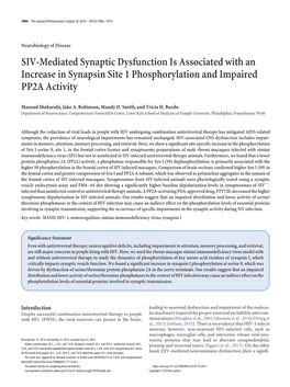 SIV-Mediated Synaptic Dysfunction Is Associated with an Increase in Synapsin Site 1 Phosphorylation and Impaired PP2A Activity