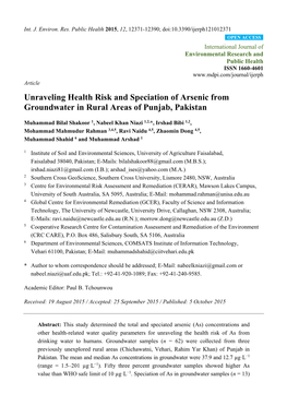 Unraveling Health Risk and Speciation of Arsenic from Groundwater in Rural Areas of Punjab, Pakistan