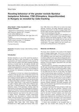 Roosting Behaviour of the Greater Noctule Nyctalus Lasiopterus Schreber, 1780 (Chiroptera, Vespertilionidae) in Hungary As Revealed by Radio-Tracking