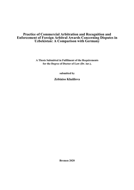 Practice of Commercial Arbitration and Recognition and Enforcement of Foreign Arbitral Awards Concerning Disputes in Uzbekistan: a Comparison with Germany
