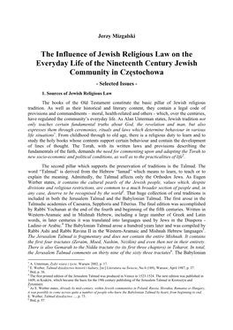 The Influence of Jewish Religious Law on the Everyday Life of the Nineteenth Century Jewish Community in Częstochowa - Selected Issues - 1