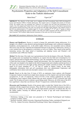 Psychometric Properties and Adaptation of the Self-Concealment Scale to the Turkish Adolescents*