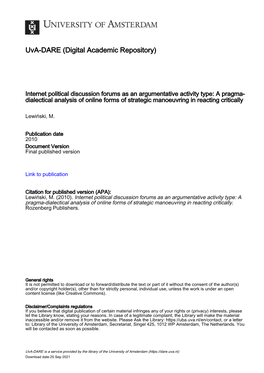 Internet Political Discussion Forums As an Argumentative Activity Type: a Pragma- Dialectical Analysis of Online Forms of Strategic Manoeuvring in Reacting Critically