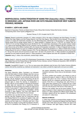 Osteochilus Vittatus, CYPRINIDAE) in SINGKARAK LAKE, ANTOKAN RIVER and KOTO PANJANG RESERVOIR WEST SUMATRA PROVINCE, INDONESIA