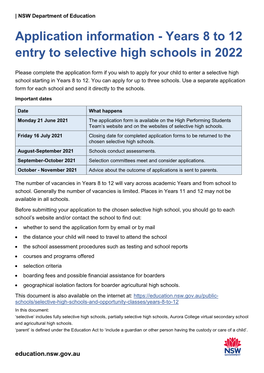 Application Information - Years 8 to 12 Entry to Selective High Schools in 2022