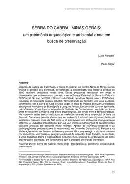 SERRA DO CABRAL, MINAS GERAIS: Um Patrimônio Arqueológico E Ambiental Ainda Em Busca De Preservação
