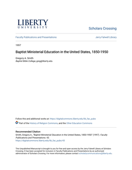 Baptist Ministerial Education in the United States, 1850-1950