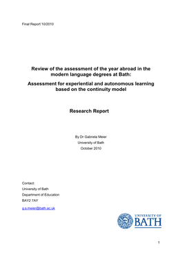 Review of the Assessment of the Year Abroad in the Modern Language Degrees at Bath: Assessment for Experiential and Autonomous Learning Based on the Continuity Model