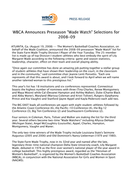 WBCA Announces Preseason "Wade Watch" Selections for 2008-09
