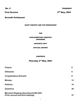 No. 2 First Session 3RD May, 2001 Seventh Parliament Thursday 3Rd