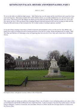 Kensington Palace: History and Personalities, Part I