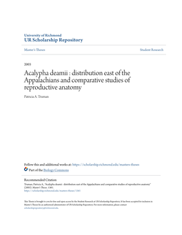 Acalypha Deamii : Distribution East of the Appalachians and Comparative Studies of Reproductive Anatomy Patricia A