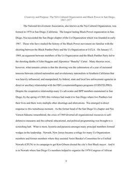 1 Creativity and Purpose: the NIA Cultural Organization and Black Power in San Diego, 1967-1977 the National Involvement Associa