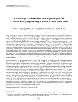 Local Ecological and Taxonomic Knowledge of Snapper Fish (Teleostei: Actinopterygii) Held by Fishermen in Ilhéus, Bahia, Brazil