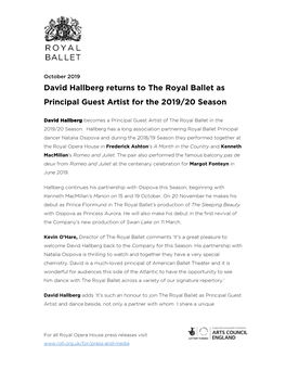 David Hallberg Returns to the Royal Ballet As Principal Guest Artist for the 2019/20 Season