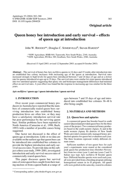 Queen Honey Bee Introduction and Early Survival – Effects of Queen Age at Introduction