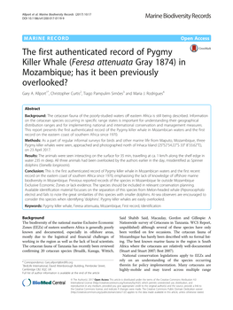 The First Authenticated Record of Pygmy Killer Whale (Feresa Attenuata Gray 1874) in Mozambique; Has It Been Previously Overlooked? Gary A