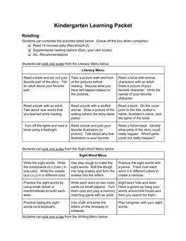 Kindergarten Learning Packet