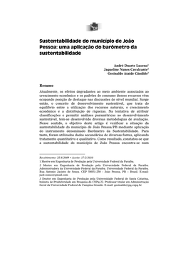 Sustentabilidade Do Município De João Pessoa: Uma Aplicação Do Barômetro Da Sustentabilidade