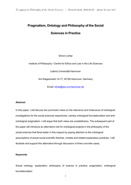 Pragmatism, Ontology and Philosophy of the Social Sciences in Practice