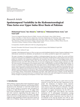 Spatiotemporal Variability in the Hydrometeorological Time-Series Over Upper Indus River Basin of Pakistan