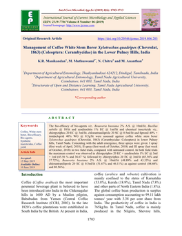 Management of Coffee White Stem Borer Xylotrechus Quadripes (Chevrolat, 1863) (Coleoptera: Cerambycidae) in the Lower Pulney Hills, India