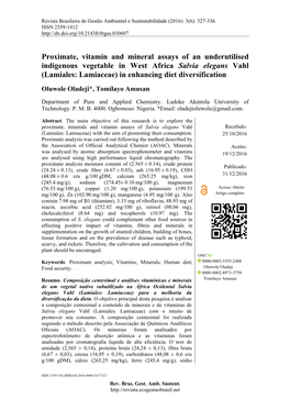 Proximate, Vitamin and Mineral Assays of an Underutilised Indigenous