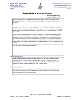 Regional Daily Weather Report Thursday, 30 August 2018 Issue Time : 13:00 Hrs