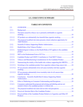 2.3.: Executive Summary Table of Contents