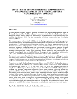Cloud Height Determination and Comparison with Observed Rainfall by Using Meteosat Second Generation (Msg) Imageries
