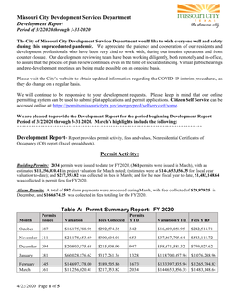 Table A: Permit Summary Report: FY 2020 Permits Permits Month Issued Valuation Fees Collected YTD Valuation YTD Fees YTD