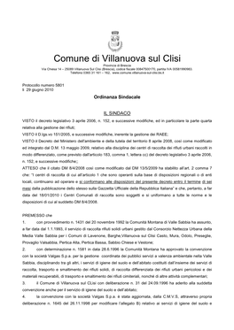 Comune Di Villanuova Sul Clisi Provincia Di Brescia Via Chiesa 14 – 25089 Villanuova Sul Clisi (Brescia), Codice Fiscale 00847500170, Partita IVA 00581990983