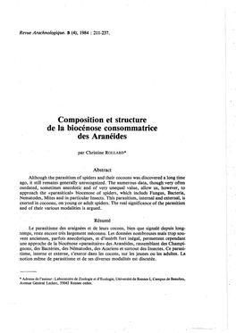Composition Et Structure De La Biocénose Consommatrice Des Aranéides