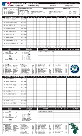 Seattle Mariners Vs. Oakland Athletics Monday, August 13, 2018 W7:05 P.M