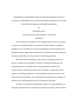 Experimental Reintroduction of the Endangered Echinacea Laevigata: Comparison of Planting Methods and Effects of Light Intensi