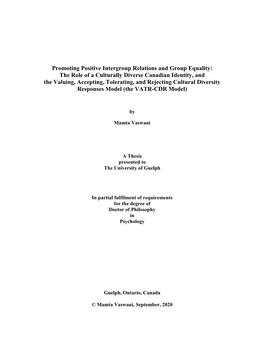 The Role of a Culturally Diverse Canadian Identity, and the Valuing, Accepting, Tolerating, and Rejecting Cultural Diversity Responses Model (The VATR-CDR Model)