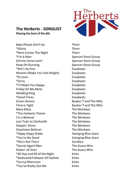 The Herberts - SONGLIST Playing the Best of the 60S