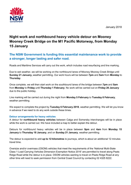 Night Work and Northbound Heavy Vehicle Detour on Mooney Mooney Creek Bridge on the M1 Pacific Motorway, from Monday 15 January