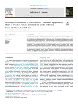 Ideal Despotic Distributions in Convict Cichlids (Amatitlania Nigrofasciata)? Eﬀects of Predation Risk and Personality on Habitat Preference T ⁎ Kathleen D.W