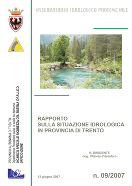 N. 09/2007 Provincia Autonoma Di Trento – Dipartimento Protezione Civile E Tutela Del Territorio INCARICO SPECIALE SICUREZZA DEL SISTEMA IDRAULICO – UFFICIO DIGHE