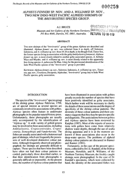 00025 Alpheus Fennerisp. Nov. and A. Wiluamsi Sp. Nov., Two New Indo-West Pacific Alpheid Shrimps of the Brevirostris Species Group