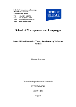 James Mill As Economist: Theory Dominated by Deductive Metho D